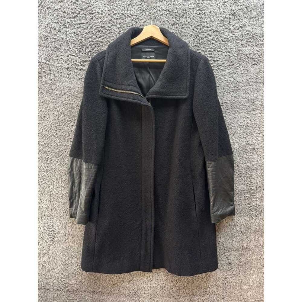 Club Monaco Wayland Wool & Leather Collared Long Sleeve Coat Black Womens Size L